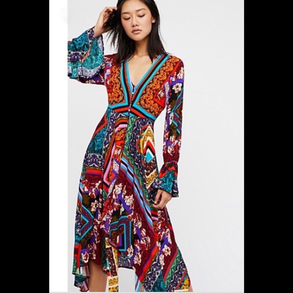FREE PEOPLE •XS• Rainbow Patch LS Dress Boho Look